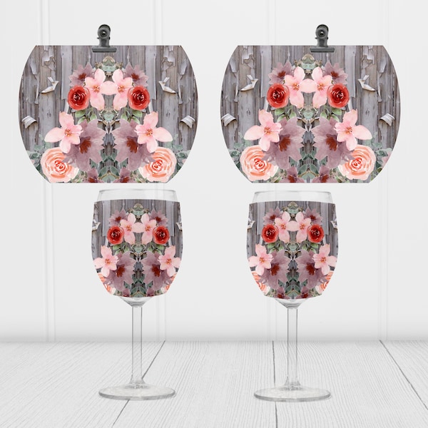 Pink Floral, Wood Grain, Cottagecore, Farmhouse, Rustic, Country, Wine Glass, Coolie, Cooler,Sleeve, Sublimation Design, Digital Download