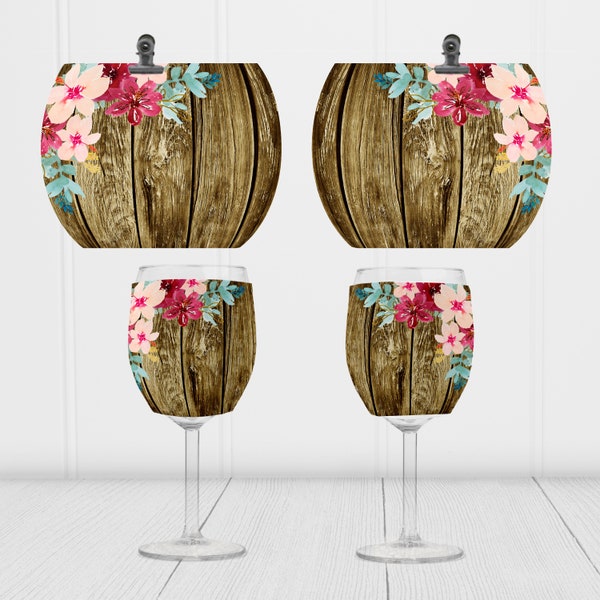 Pink Floral, Wood Grain, Cottagecore, Farmhouse, Rustic, Country, Wine Glass, Coolie, Cooler, Sleeve, Sublimation Design, Digital Download