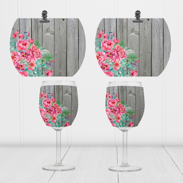 Pink Floral, Wood Grain, Cottagecore, Farmhouse, Rustic, Country, Wine Glass, Coolie, Cooler,Sleeve, Sublimation Design, Digital Download