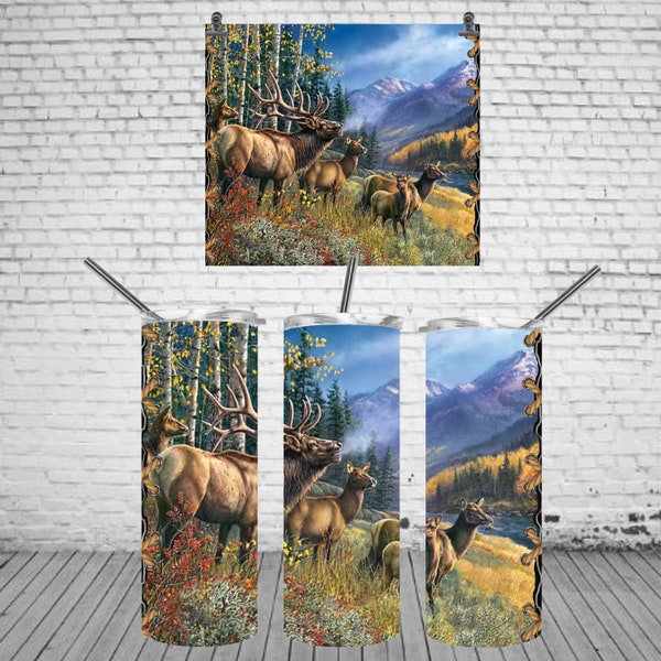 Bull Elk, Mountain, Forest, Straight 20oz Skinny Tumbler, Sublimation Design, Digital Download