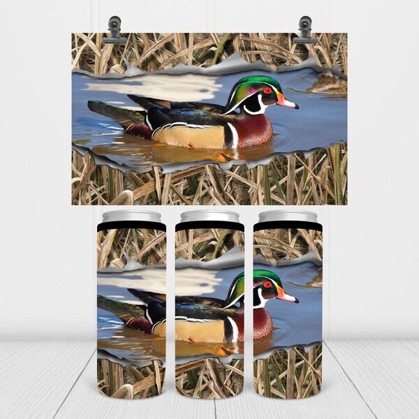 Wood Duck, Duck Hunting, Bird Hunting, Outdoors, Metal, Slim Can, Seltzer Drink, Cooler, Wrap, Can, Can Coolie, Sublimation Design