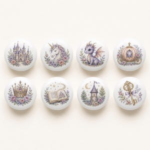 Tiradores de armario con forma de corona de princesa, tiradores de cómoda con forma de unicornio dragón, tiradores de armario, tiradores de cajones con forma de luna y estrella para habitación infantil, estilo fantasía floral.
