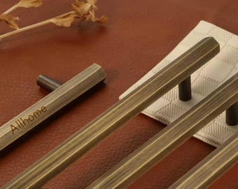 Tiradores de cajón antiguos de latón hexagonal, tiradores de cocina de latón envejecido grabados a medida, tiradores de tocador y gabinetes.