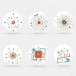 Può includere: Sei pomelli bianchi per armadi con design moderni della metà del secolo. Ogni pomello presenta un diverso motivo geometrico colorato nelle tonalità di rosso, verde acqua, oro e nero. I disegni includono scoppi di stelle, cerchi concentrici e quadrati.