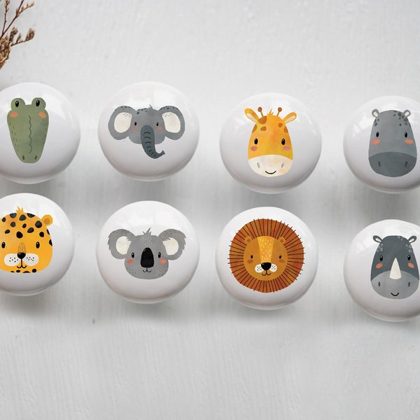 Poignée de bouton de tiroir en céramique d'animaux de safari, poignée de bouton de chambre d'enfant, boutons de lion pour des tiroirs de chambre d'enfant, boutons d'armoire d'enfants, décor de chambre d'enfant de safari