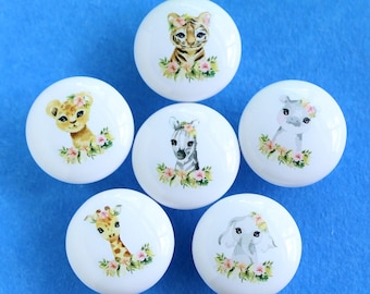 Wild Animals with Flower Ceramics knob handle, Nursery Cabinet Knob Handle, nursery safari handles knobs, Kids Bedroom Knobs