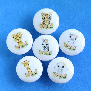 Wild Animals with Flower Ceramics knob handle, Nursery Cabinet Knob Handle, nursery safari handles knobs, Kids Bedroom Knobs