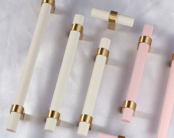 White wood and brass cabinet pulls, nursery room Drawer Knobs Pulls Handles/pink Dresser Knobs cylindrical drawer pull /Furniture Hardware