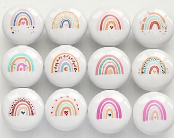 Boho colorful Rainbow Cabinet knob, Ceramics knobs for nursery drawers, custom engraved Children's cabinet knobs, Bathroom Wardrobe Cupboard