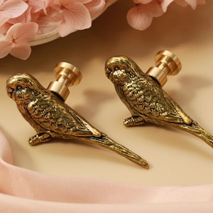 May include: Close-up of several antique brass bird-shaped cabinet knobs. The knobs are detailed with feathers and have a brass screw post. The background is a soft beige with pink flowers and fabric.