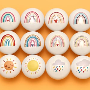Poignée de bouton de tiroir en céramique arc-en-ciel, boutons soleil pour tiroirs de chambre d'enfant, bouton d'armoire pour enfants, bouton de poignée d'armoire de cuisine image 1