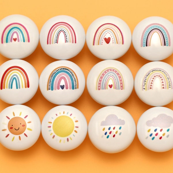 Poignée de bouton de tiroir en céramique arc-en-ciel, boutons soleil pour tiroirs de chambre d'enfant, bouton d'armoire pour enfants, bouton de poignée d'armoire de cuisine