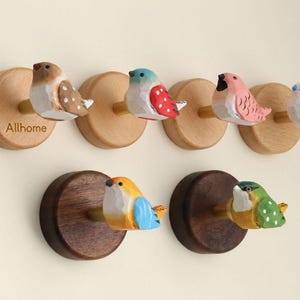 Hand painted Birds Walnut Wall Hooks, Beech bag jacket towel hooks, Custom engraved wooden coat hook, Vintage Wood Hanger Unique Wall Hanger