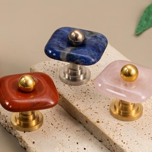 Classic Red Jasper Brass Closet knobs Rose Quartz Cabinet Dresser Wardrobe knobs pulls Natural Crystal Amethyst Drawer Kitchen knob handles