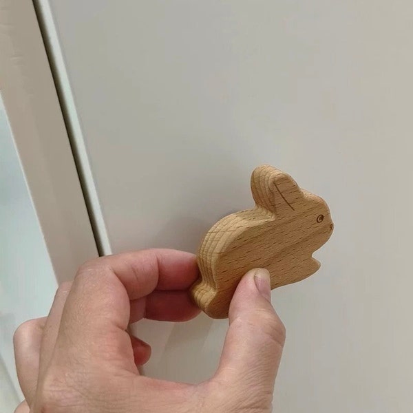 Boutons de poignée d'armoire lapin, poignées de bouton de tiroir animal Safari, bouton de traction de tiroir de chambre d'enfant en hêtre, boutons animaux pour tiroirs de chambre de bébé, décoration d'intérieur