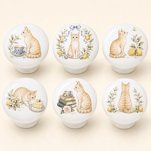 Lemon Cat Cabinet Drawer Knobs handles Vintage Cute animals Closet Wardrobe Pulls knobs Tabby cat Dresser Closet Handles Knob pull Pet decor