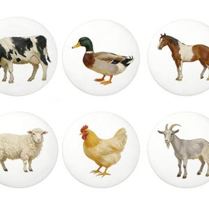 Puede incluir: Seis pomos redondos decorativos con animales de granja: una vaca, un pato, un caballo, una oveja, una gallina y una cabra. Cada animal está representado en un estilo acuarela realista sobre fondo blanco. Ideal para muebles.