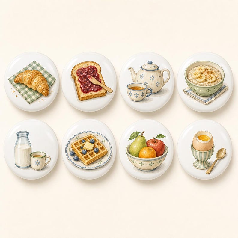 Pu&ograve; includere: Un set di otto bottoni rotondi in ceramica con illustrazioni di articoli per la colazione, tra cui un cornetto, pane tostato con marmellata, una teiera con tazza, avena con banane, latte e caff&egrave;, un waffle con mirtilli, frutta in una ciotola e un uovo.