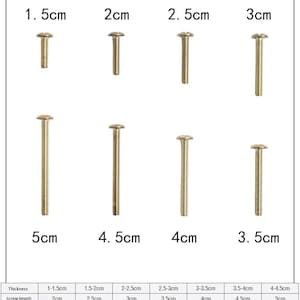 May include: A collection of eight brass screws of varying lengths, ranging from 2 cm to 5 cm. The image includes measurements for thickness and screw length, providing a clear size reference for each screw. The screws have a rounded head.
