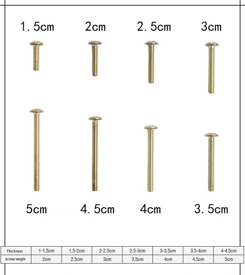 May include: A collection of eight brass screws of varying lengths, ranging from 2 cm to 5 cm. The image includes measurements for thickness and screw length, providing a clear size reference for each screw. The screws have a rounded head.