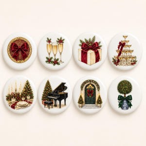 May include: A set of eight circular ceramic ornaments featuring festive holiday illustrations including a red bow, champagne flutes, a gift box, a champagne tower, a dining table with candles, a grand piano, a decorated doorway, and a topiary.