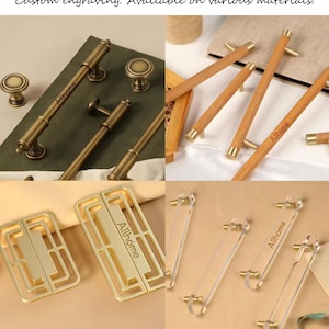 May include: A collection of cabinet hardware, including knobs and pulls, in various styles and materials. The hardware includes brass, wood, and acrylic options. The text "Allhome" is engraved on some pieces. The image also includes the text "Custom engraving. Available on various materials."