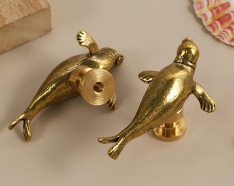 Seal brass cabinet knobs pulls, Marine custom engraved Animals drawer dresser handles knobs for kids, Antique Bronze Sea animal wardrobe