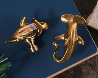 Hammerhead shark brass drawer knobs pulls, custom engraved  Marine Animals Cabinet dresser handles knobs for kids,Antique Bronze wardrobe