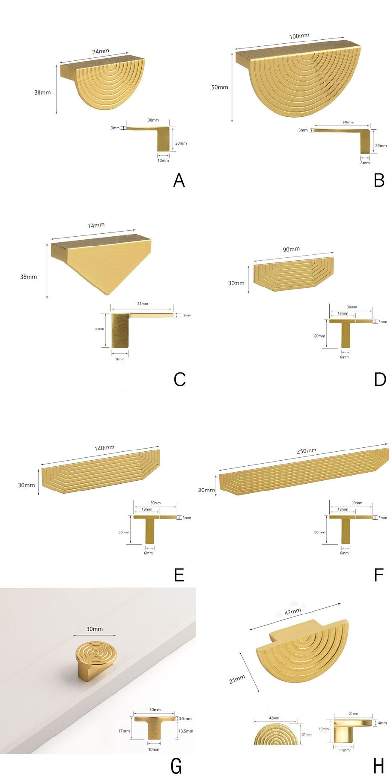 Gebürsteter Goldschrank, Schubladengriff, Griffknopf, gestreifter Kommodenknopfgriff, Kleiderschrankgriffknopf, Schrankgriffe, Ikea-Griffgriff Bild 2