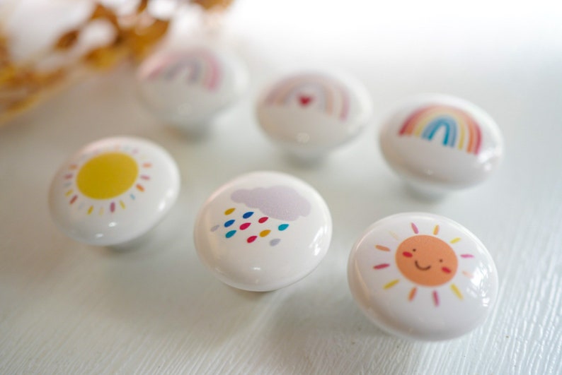 Poignée de bouton de tiroir en céramique arc-en-ciel, boutons soleil pour tiroirs de chambre d'enfant, bouton d'armoire pour enfants, bouton de poignée d'armoire de cuisine image 6