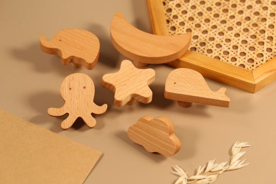 4 Pomelli Per Mobili Bambini In Legno - Maniglie Armadio E Cassetti Con Forme Animali, Viti Incluse