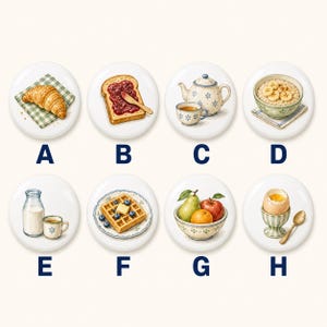 Pu&ograve; includere: Un set di otto bottoni circolari etichettati da A a H, ognuno con un'illustrazione a tema colazione: un cornetto, pane tostato con marmellata, teiera e tazza, porridge con banane, latte e caff&egrave;, un waffle, una ciotola di frutta e un uovo.