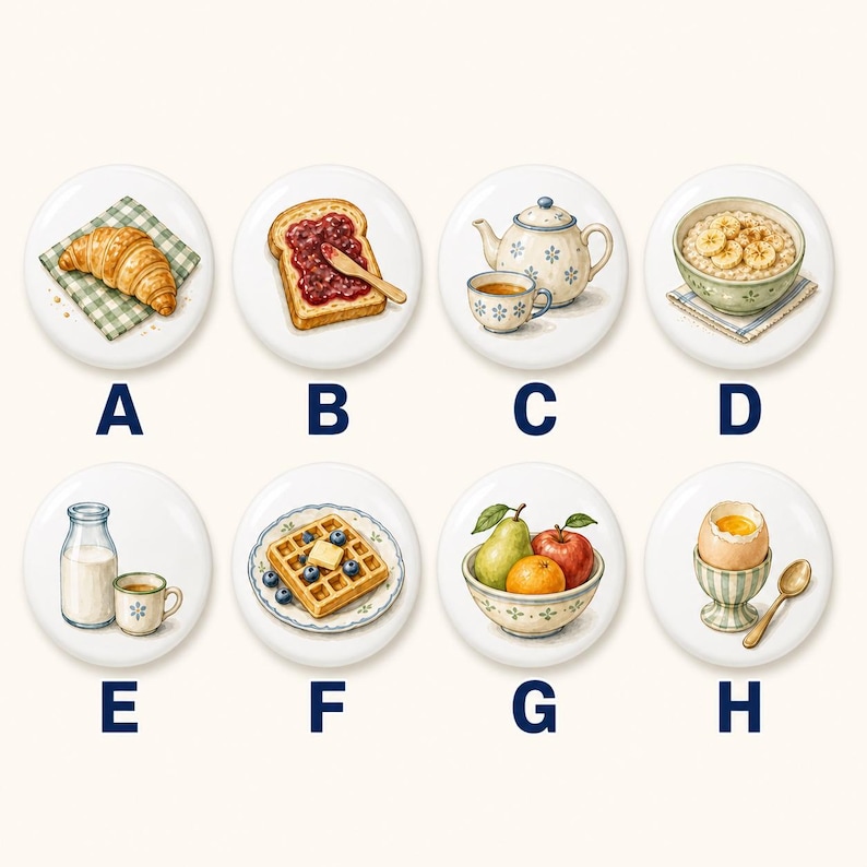 Pu&ograve; includere: Un set di otto bottoni circolari etichettati da A a H, ognuno con un'illustrazione a tema colazione: un cornetto, pane tostato con marmellata, teiera e tazza, porridge con banane, latte e caff&egrave;, un waffle, una ciotola di frutta e un uovo.