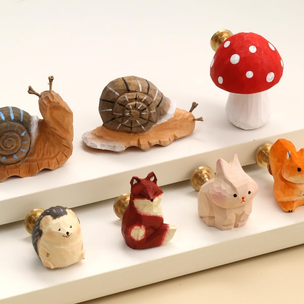 Woodland Animal Series Cabinet Dresser knobs Wooden Mushroom Snail Fox Bunny Squirrel closet cupboard pulls Nursery room Drawer knobs pulls