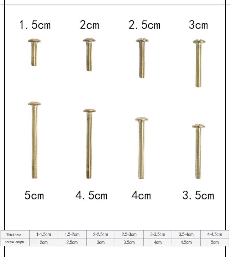 May include: Assortment of eight gold-colored screws with different lengths, ranging from 1.5 cm to 5 cm. The screws are arranged in four rows, with the length of each screw labeled in centimeters.