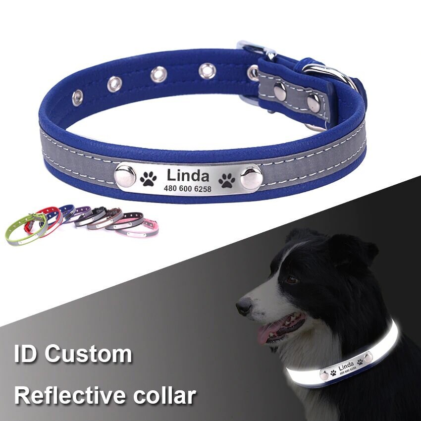 Custom Reflective Leather Dog Collar Personalized Dog Collar Etsy
