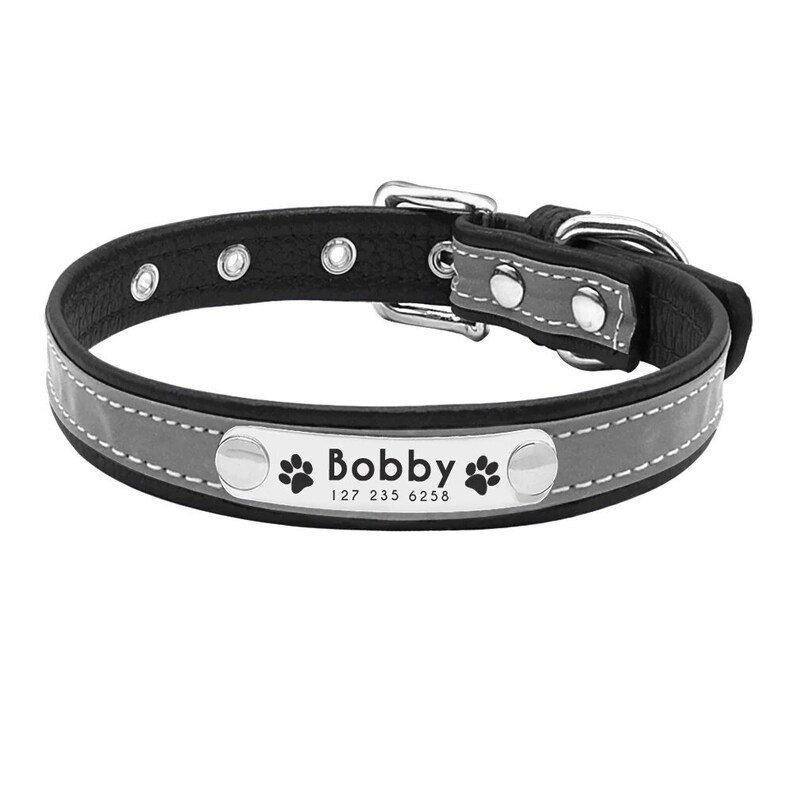 Custom Reflective Leather Dog Collar Personalized Dog Collar Etsy