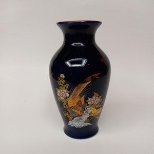 Vintage hand painted Cobalt blue vase with golden Pheasant and beautiful flowers made in Japan
