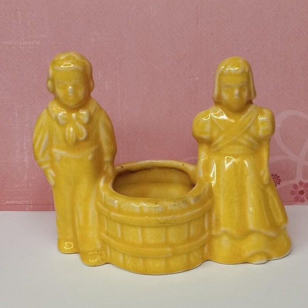 Vintage Dutch boy and girl succulent planter in yellow "At the well"