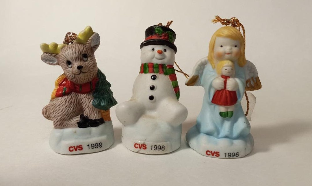 Vintage CVS Christmas Holiday Tree Ornaments Snowman, Angel and