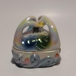 Vintage iridescent ceramic swan trinket box for jewelry, keys, small items, etc.