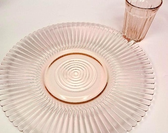 Vintage Macbeth Evans 10 3/4" pink depression glass plate and 3 1/2" juice drinking glass