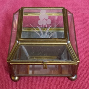 Vintage etched floral design glass and metal trinket-jewelry box