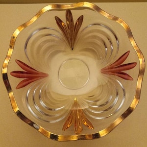 Vintage clear glass bowl with scalloped pattern gold and maroon painted design