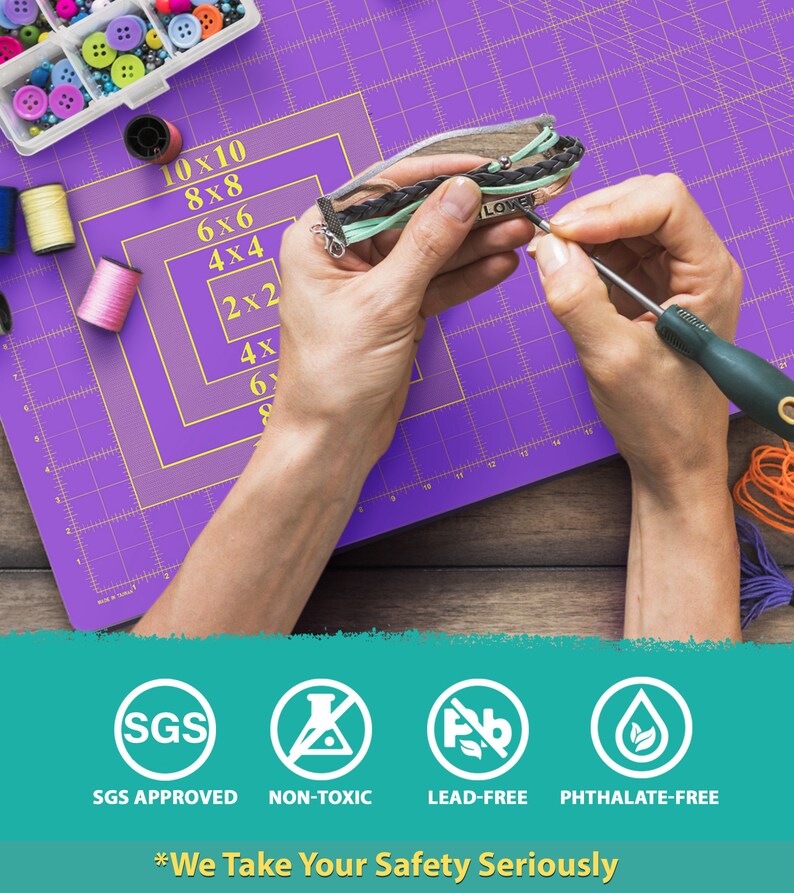 May include: A close-up of a person making a bracelet with colorful threads on a purple cutting mat. The bracelet has a charm that says "LOVE". The image also shows various safety certifications, including SGS Approved, Non-Toxic, Lead-Free, and Phthalate-Free.