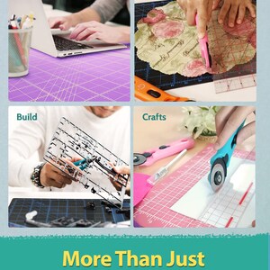 May include: A self-healing cutting mat with a grid pattern in purple, black, and pink. The mat is used for various tasks, including work, quilting, building, and crafts.