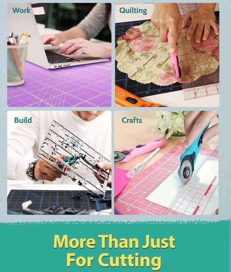 May include: A self-healing cutting mat with a grid pattern in purple, black, and pink. The mat is used for various tasks, including work, quilting, building, and crafts.