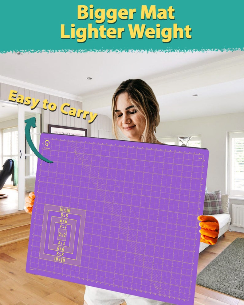 May include: A purple self-healing cutting mat with a grid pattern and measurements in inches. The mat is 10 inches by 10 inches and has a grid pattern with measurements in inches. The mat is being held by a person.
