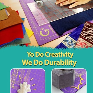 May include: Purple self-healing cutting mat with grid lines and measurements in inches. The mat is scratch-resistant and can handle heavy weights. The text "Yo Do Creativity We Do Durability" is printed on the mat.