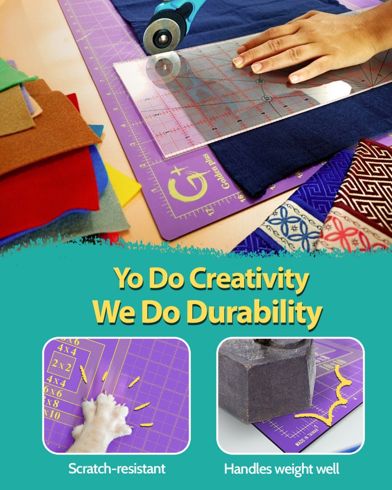 May include: Purple self-healing cutting mat with grid lines and measurements in inches. The mat is scratch-resistant and can handle heavy weights. The text "Yo Do Creativity We Do Durability" is printed on the mat.